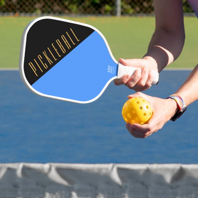 Sleek Black Vivid Blue Diagonal Colour Block Text  Pickleball Paddle (Insitu)