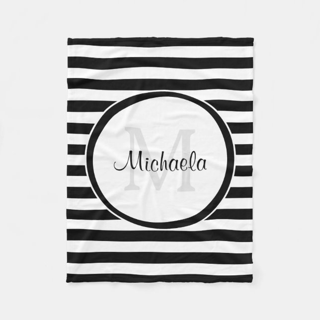 Sleek Black White Awning Stripes Monogrammed Name Fleece Blanket (Front)