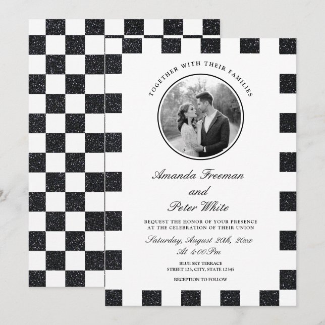 Sleek Black & White Glitter Chequerboard Wedding Invitation (Front/Back)