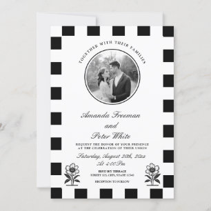 Sleek Black & White Photo Chequerboard Wedding Invitation