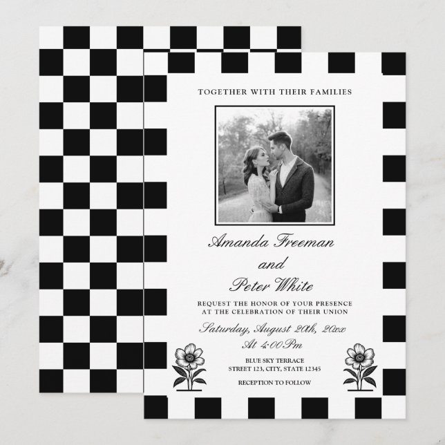 Sleek Black & White Photo Chequerboard Wedding Invitation (Front/Back)