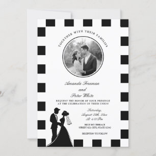 Sleek Black & White Photo Chequered Couple Wedding Invitation