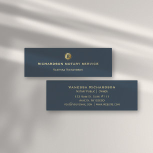 Sleek Blue & Gold Monogram Icon Notary Public Mini Business Card