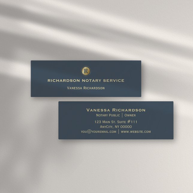 Sleek Blue & Gold Monogram Icon Notary Public Mini Business Card (Creator Uploaded)