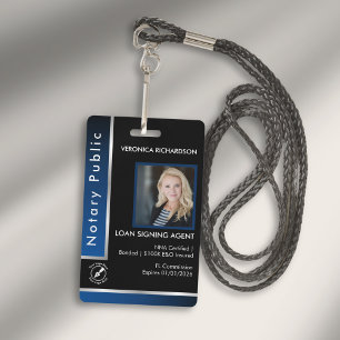 Sleek Blue Silver Notary QR Code Photo I.D. Black Badge