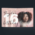 Sleek Chic 16th Birthday Photo Script Rose Gold Banner<br><div class="desc">Sleek Chic 16th Birthday Photo Script Rose Gold pink girly elegant Banner</div>