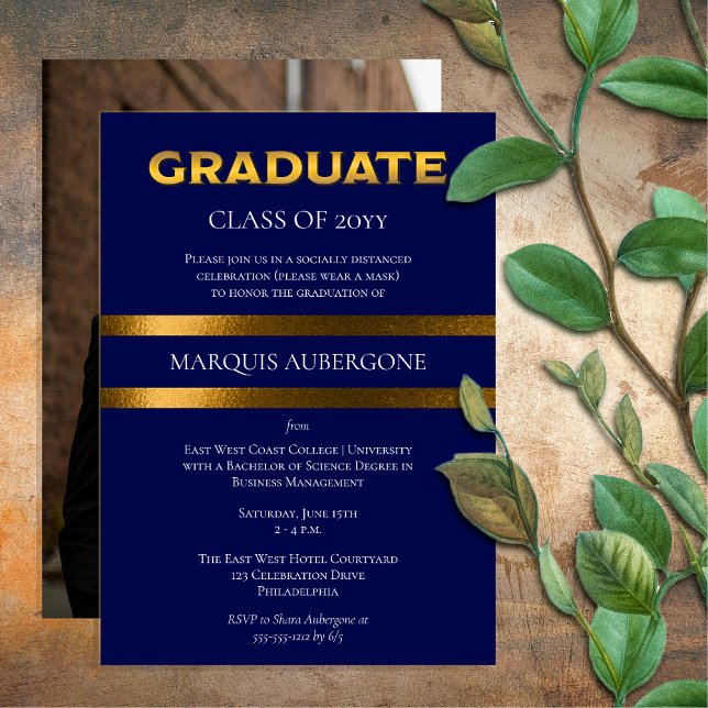 Sleek College | Univ Blue | Gold Graduation Party Invitation (Sleek College or University Blue | Gold Tone Graduation Announcement and Party Invite Print Digital)