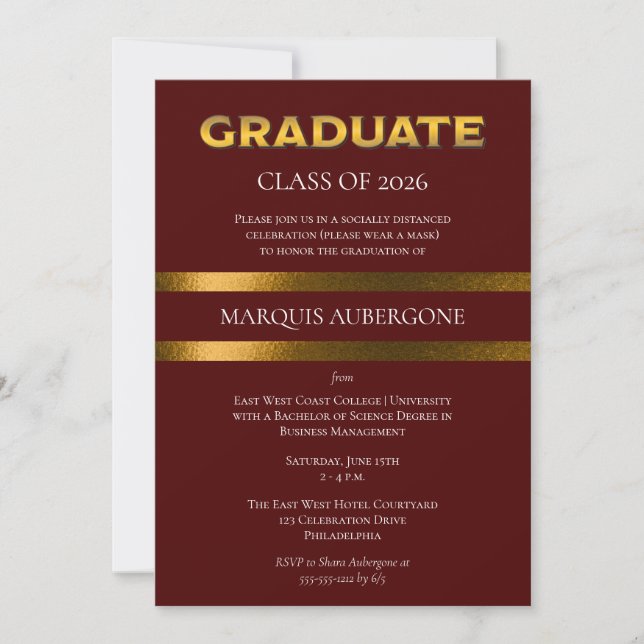 Sleek College | Univ Maroon| Gold Graduation Party Invitation (Front)