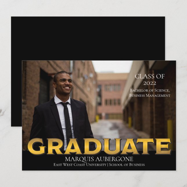 Sleek College | Univ Photo Graduate Black | Gold Invitation (Front/Back)