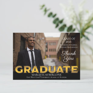 Sleek College   Univ Photo Graduate Black   Gold Thank You Card