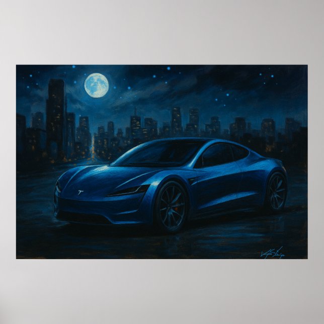 Sleek Electric Car Under Full Moon Poster (Front)