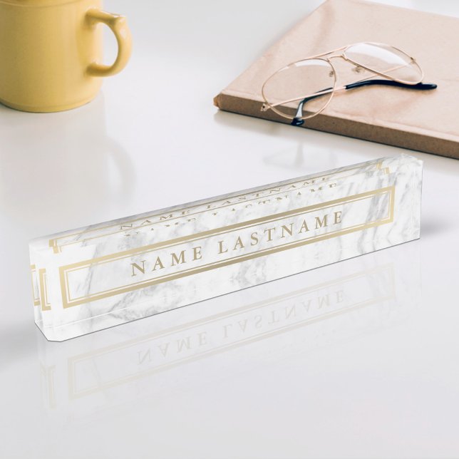 Sleek Faux Gold Grey Marble Custom Desk Nameplate (Creator Uploaded)