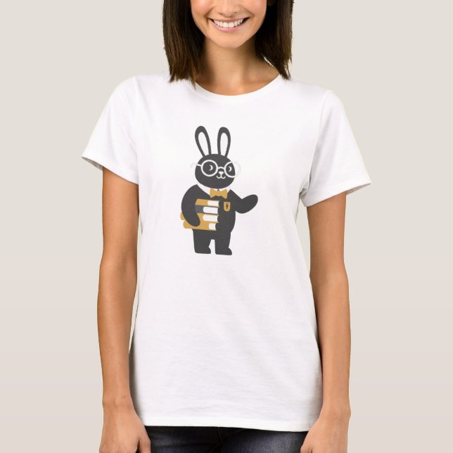 Sleek Flat Design Bunny Librarian - Graphic Reader T-Shirt (Front)
