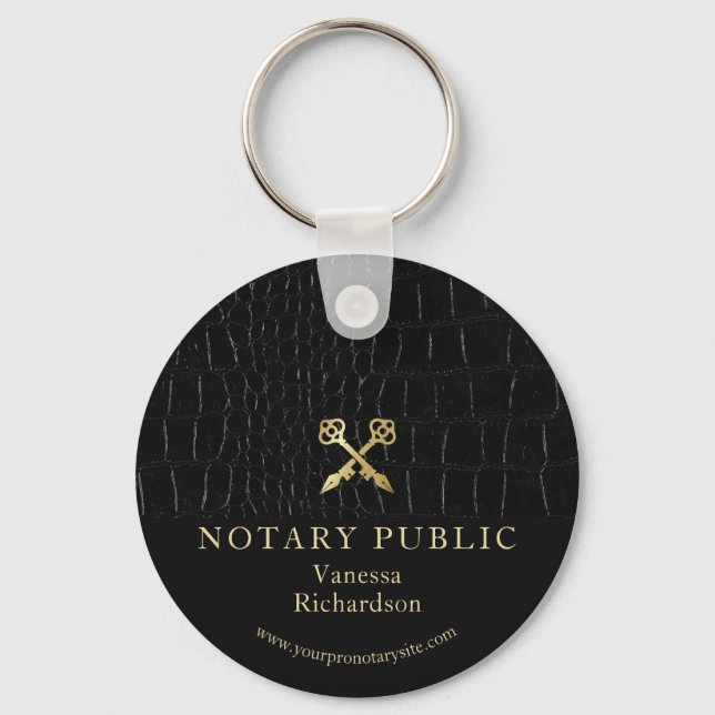 Sleek Glossy Black Crocodile Gold Icon Notary  Keychain (Front)