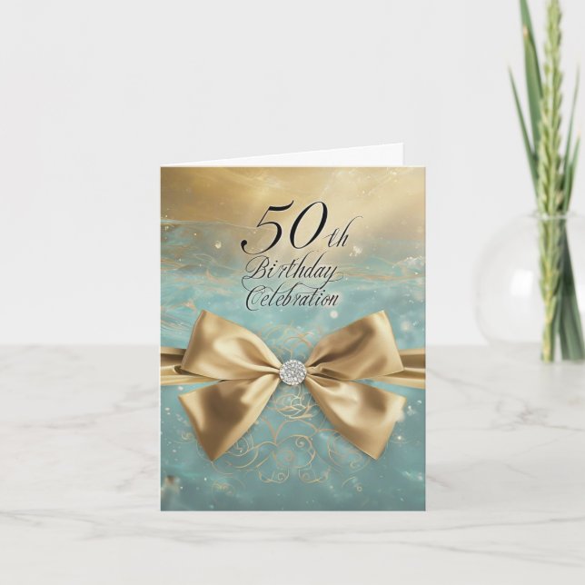 Sleek Gold Floral 50th Birthday Diamond Bow  Invitation (Front)