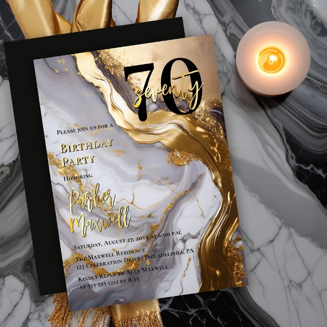 Sleek Gold | White Marble Modern 70 Birthday Party (Sleek Faux Gold and White Marble Modern "40" 40th Birthday Party Invitation - Gold Foil Text Accents)