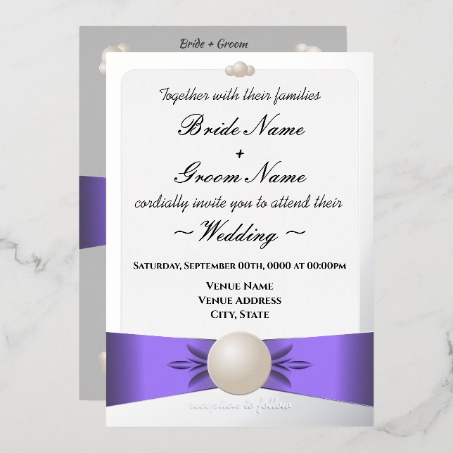 Sleek Lavender & Silver Pearl Ribbon Photo Wedding (Front/Back)