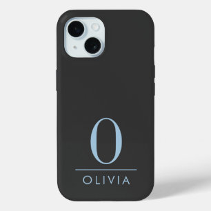 Sleek Minimalist Blue Monogram Black iPhone 15 Case