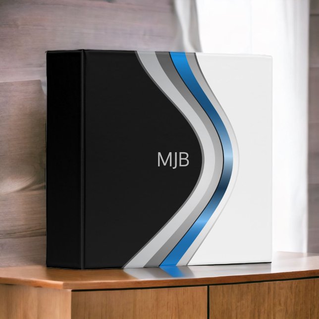 Sleek Modern Curves with Monogram Binder (A sleek 3-ring binder with metallic curves, personalize with your monogram initials or other text.)