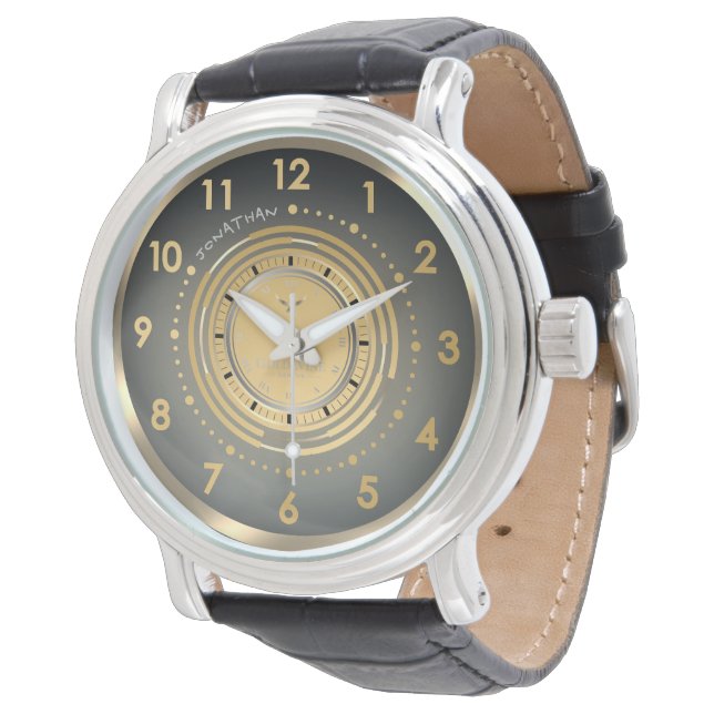 Sleek Modern Gold & Silver Dark Leather Custom Watch (Angled)
