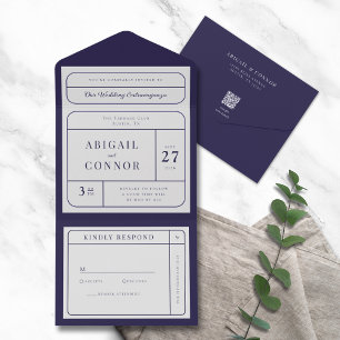 Sleek Modern Lines Navy & Grey All In One Invitation