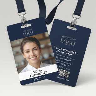 Sleek Modern Navy Blue Corporate Photo Barcode ID Badge