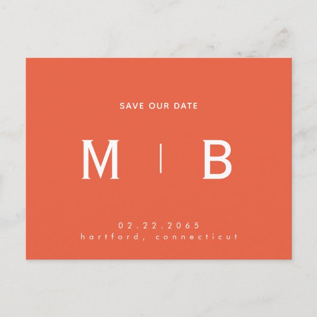 Sleek Monogram Orange Wedding Save our Date   Postcard (Front)