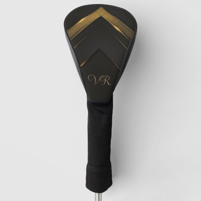 Sleek Monogrammed Black And Gold Chevron Golf Head Cover (Front)