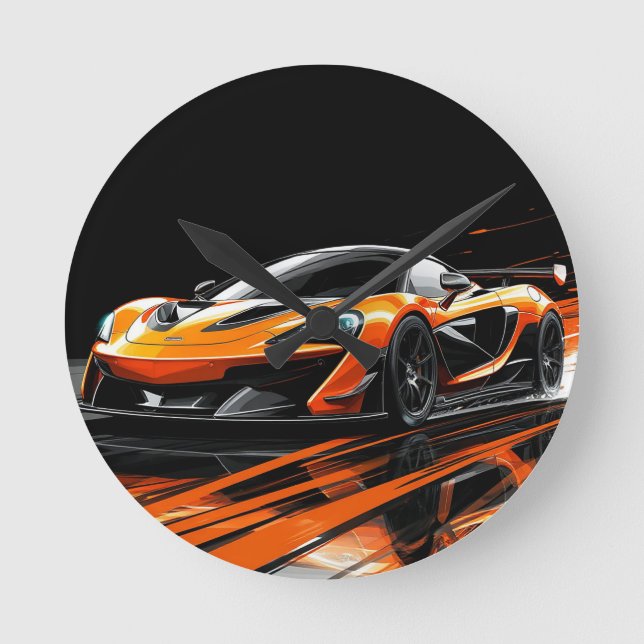 Sleek Orange Sports Car Racing Round Clock (Front)