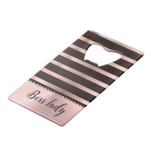 Sleek Pink Striped Boss Lady   Credit Card Bottle Opener