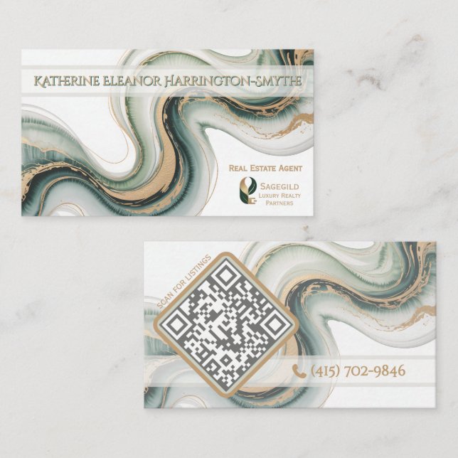Sleek Sage Gold Marble Modern Realtor Logo QR Code Business Card (Front/Back)