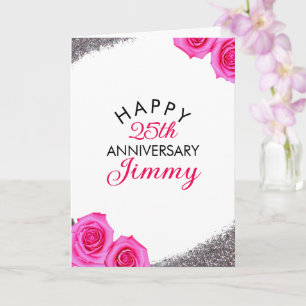 Sleek Silver Glitter Pink Rose Husband Anniversary Card