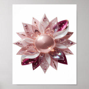 Sleek Silver GLOWING PINK FLOWER Artistic Motif Poster