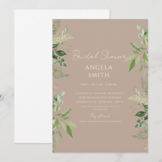Sleek & Simple Foliage Bridal Shower Taupe Invitation (Front/Back)