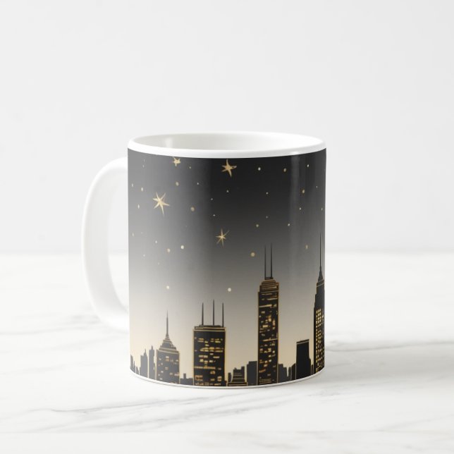 Sleek skyline silhouette of a city at night coffee mug (Front Left)