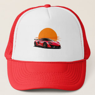 Sleek Sports Car Against Vibrant Sunset Trucker Hat