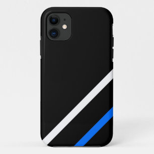 Sleek Sporty White Blue Racing Stripes On Black iPhone 11 Case