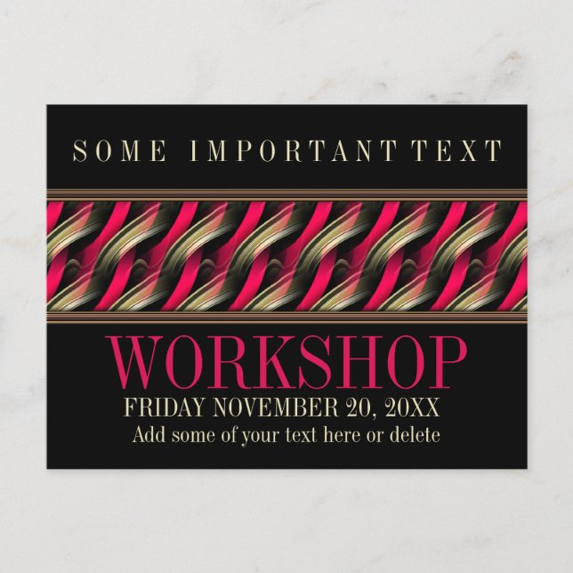 Sleek Stylish Black+Pink Workshop Invitation Postcard (Front)