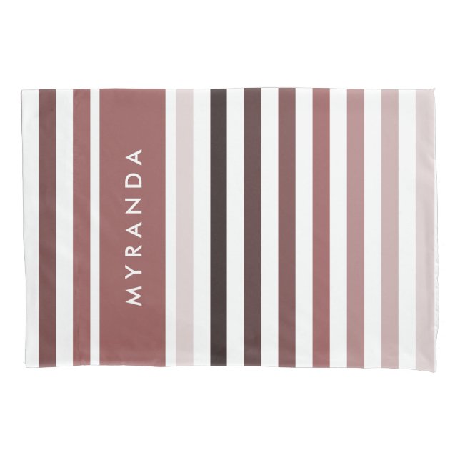 Sleek Thick Stripes With Name in Rosy Brown Pillowcase (Front)