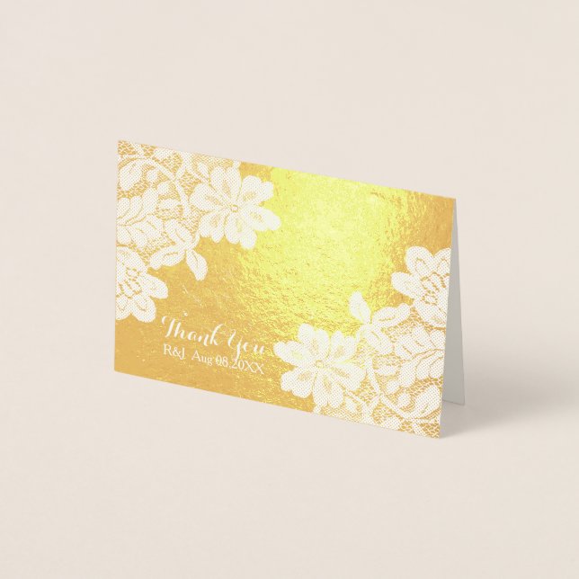 Sleek Vintage Lace Wedding Thank You Foil Card (Front)