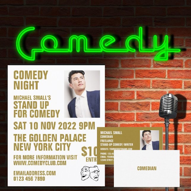 Sleek White & Gold, Comedian, Comedy Club Business Card (Creator Uploaded)