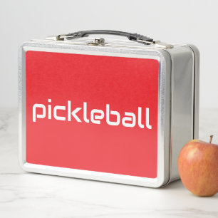 Sleek White PICKLEBALL Text On Bright Sporty Red Metal Lunch Box