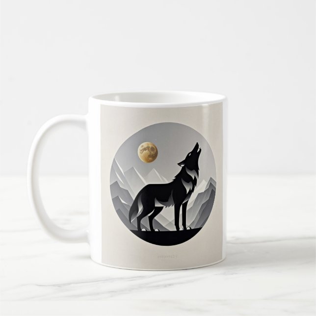 Sleek wolf silhouette black grey minimalist coffee mug (Left)
