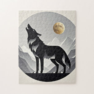 Sleek wolf silhouette black grey minimalist jigsaw puzzle