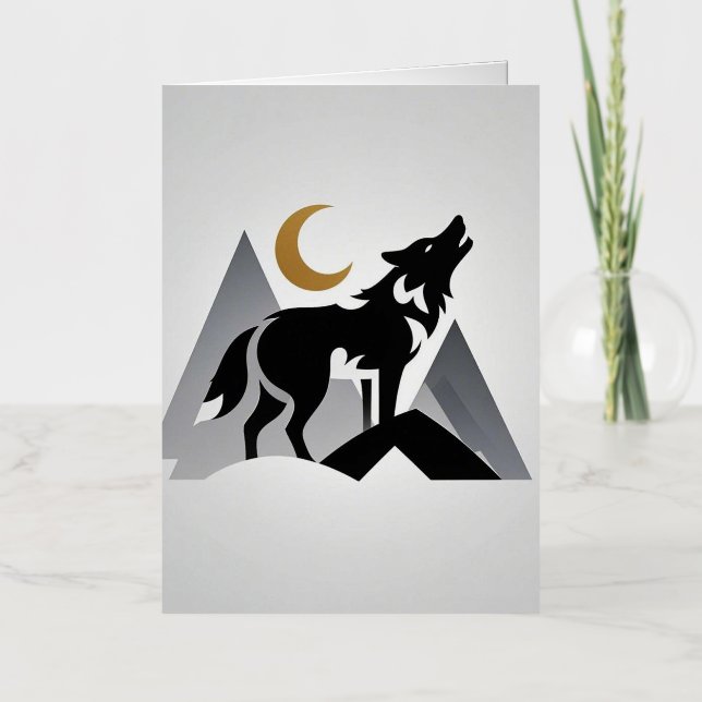 Sleek wolf silhouette howling crescent moon foil greeting card (Front)