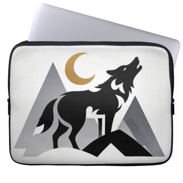 Sleek wolf silhouette howling crescent moon laptop sleeve (Front)