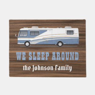 Sleep around rustic wood rv camping family custom doormat