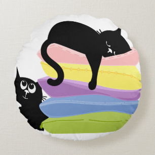 Sleep Cat on Dreamy Abstract Wavy Pastel Pillow