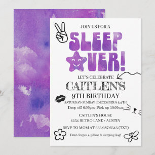 Sleep Over Birthday Party Retro Doodles Purple Invitation