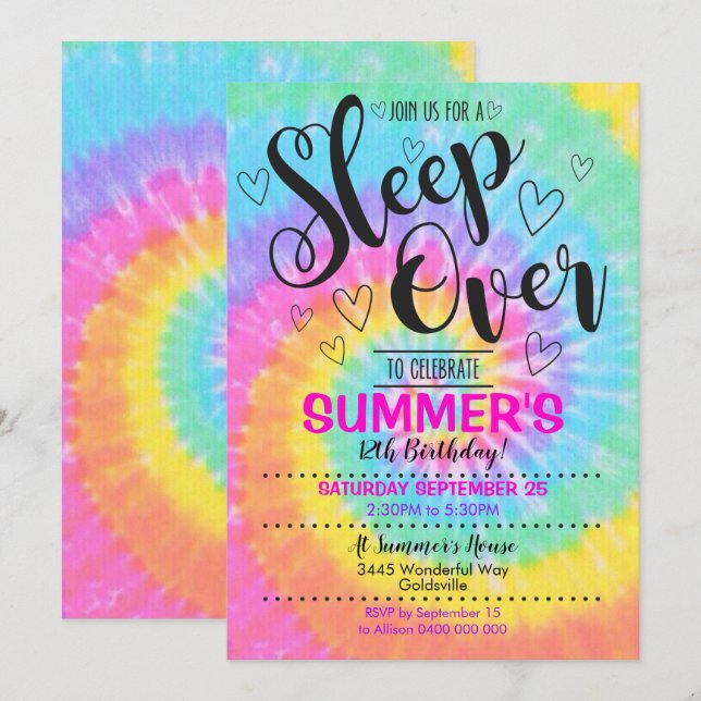 Sleep over Party Tie Dye Invitation Slumber Party (Front/Back)